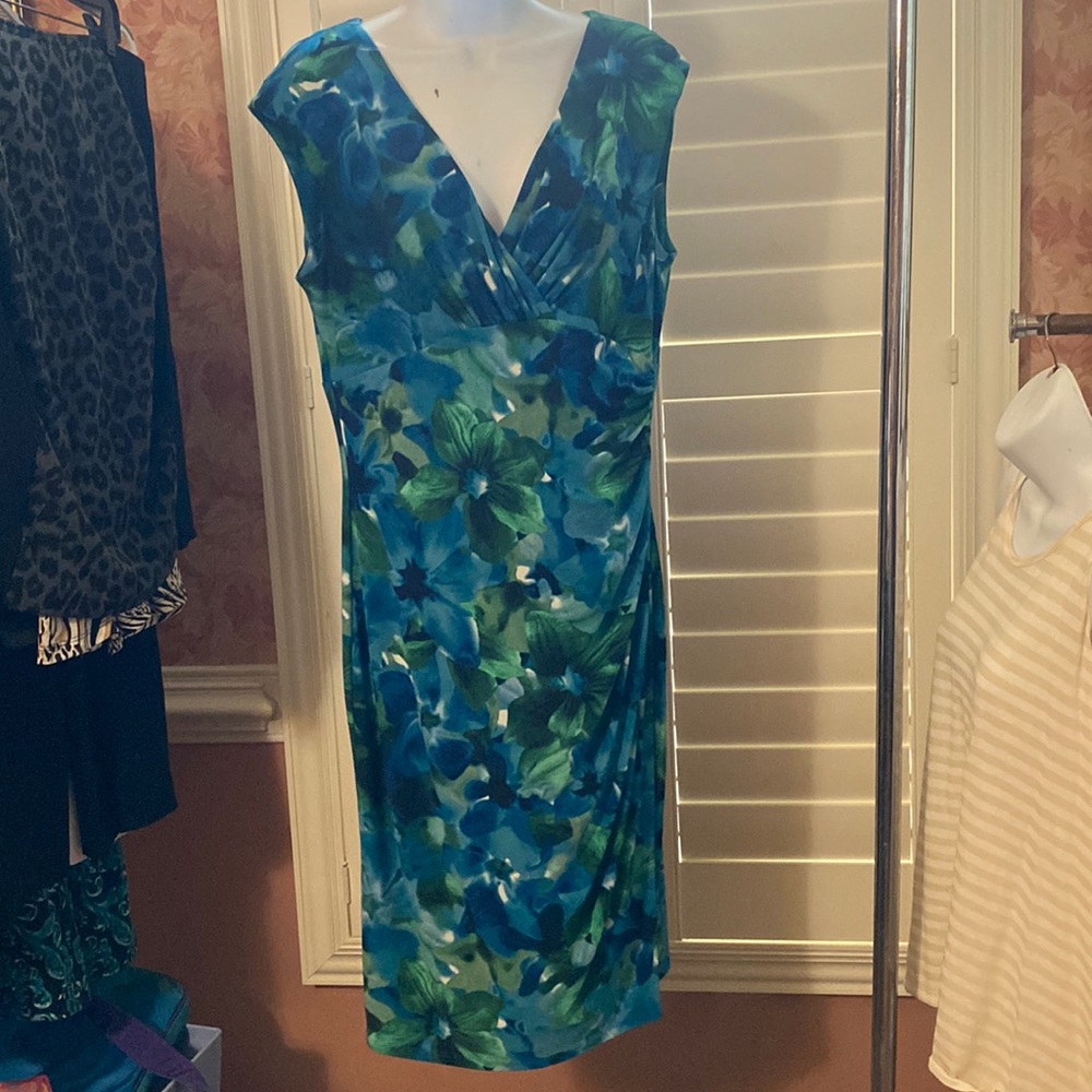 LAUREN Midi Dress, Sleeveless, Stretch, Size 12, Vibrant Blues/Greens